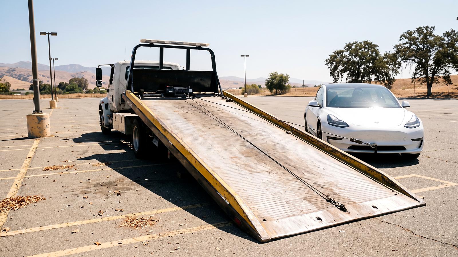 A flatbed tow truck with its ramp down in a parking lot beside an electric sedan, oaks and dry hills behind